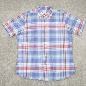 Brooks Brothers Regent Shirt Men Large Blue/Red Plaid Cotton Short Sleeve Button